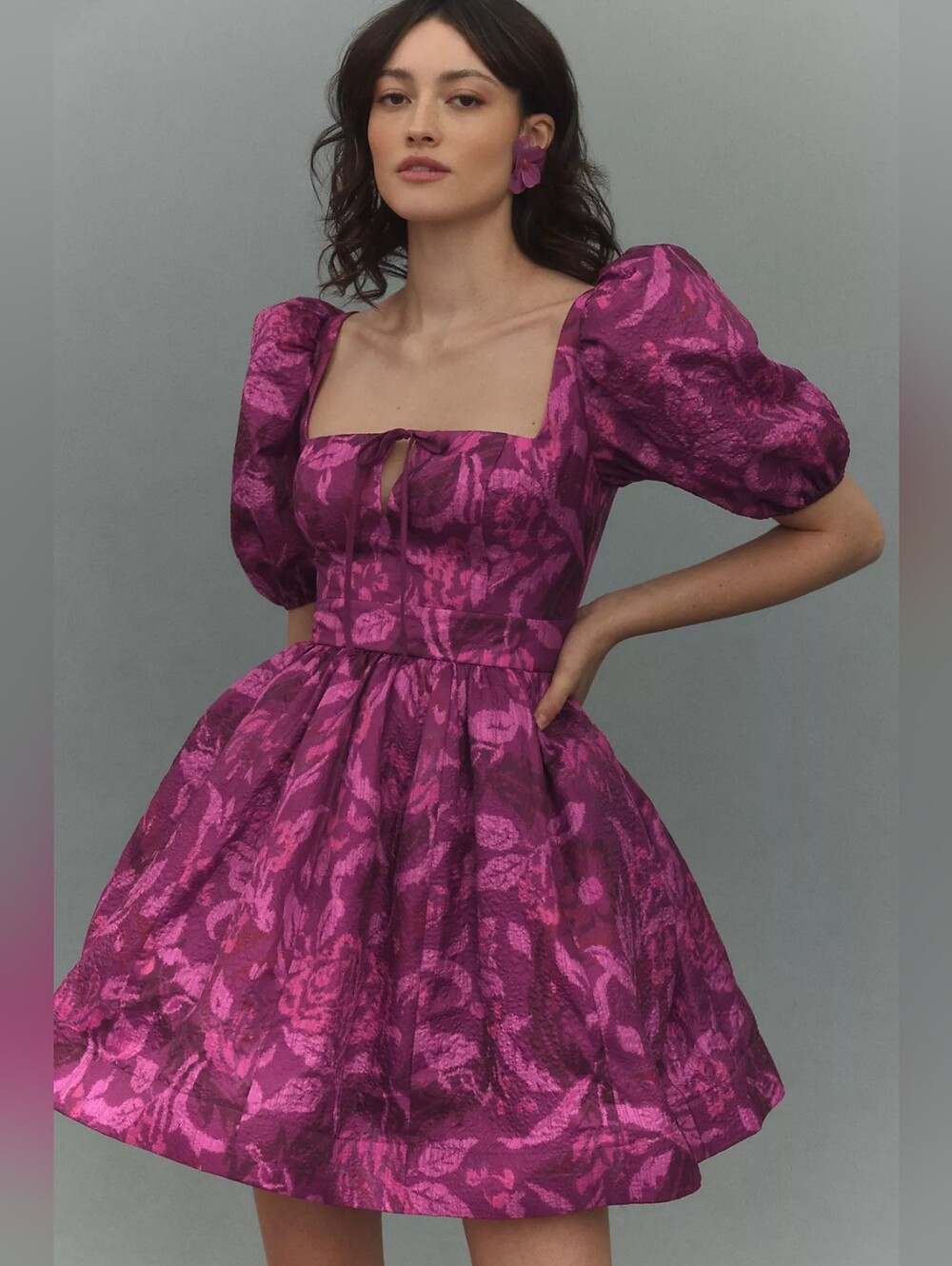 BHLDN Chloe Puff-Sleeve Square-Neck Jacquard Mini Dress